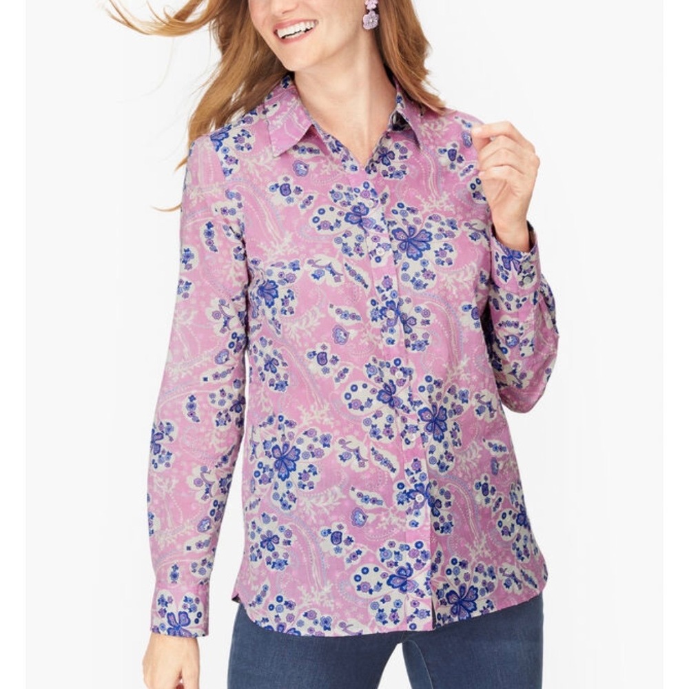 NWT Talbots Classic Cotton Shirt Sz PM‎ Purple Magic Floral Button Up Semi Sheer